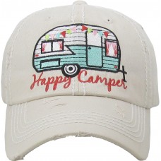 Embroidered HAPPY CAMPER on Light Sand Tan Mujer&apos;s Baseball Cap  Distressed Hat  eb-97969296